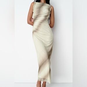 Zara ruffled printed tulle dress cream subtle brown size medium vlogger favorite